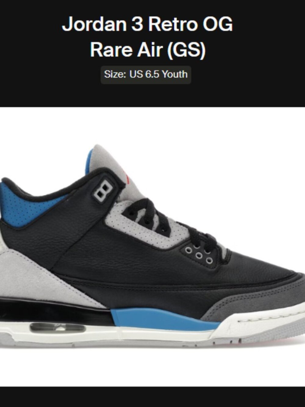 YOUTH SIZE 6.5Y / 8W - Jordan 3 Retro OG Rare Air (GS) IB8968-004 AUTHENTIC NEW!